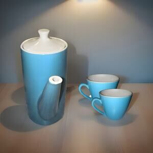 Vintage Blue Ceramic Coffee Pot Set with 2 Cups | Mid Century Modern Tea Set
